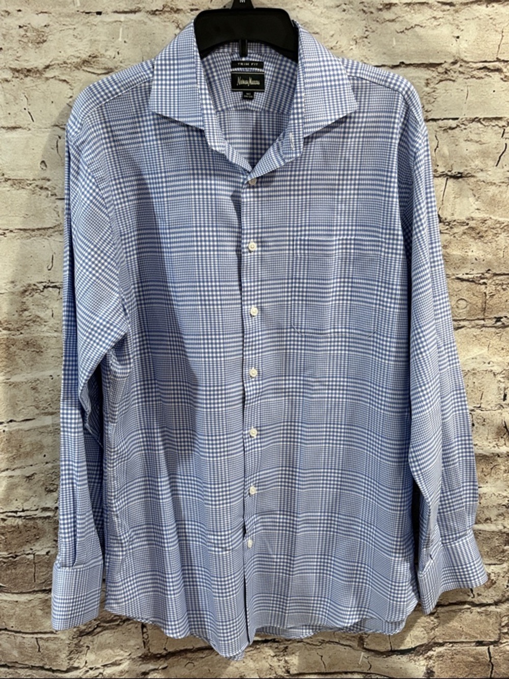Neiman Marcus Blue Checked Trim Fit Dress Shirt